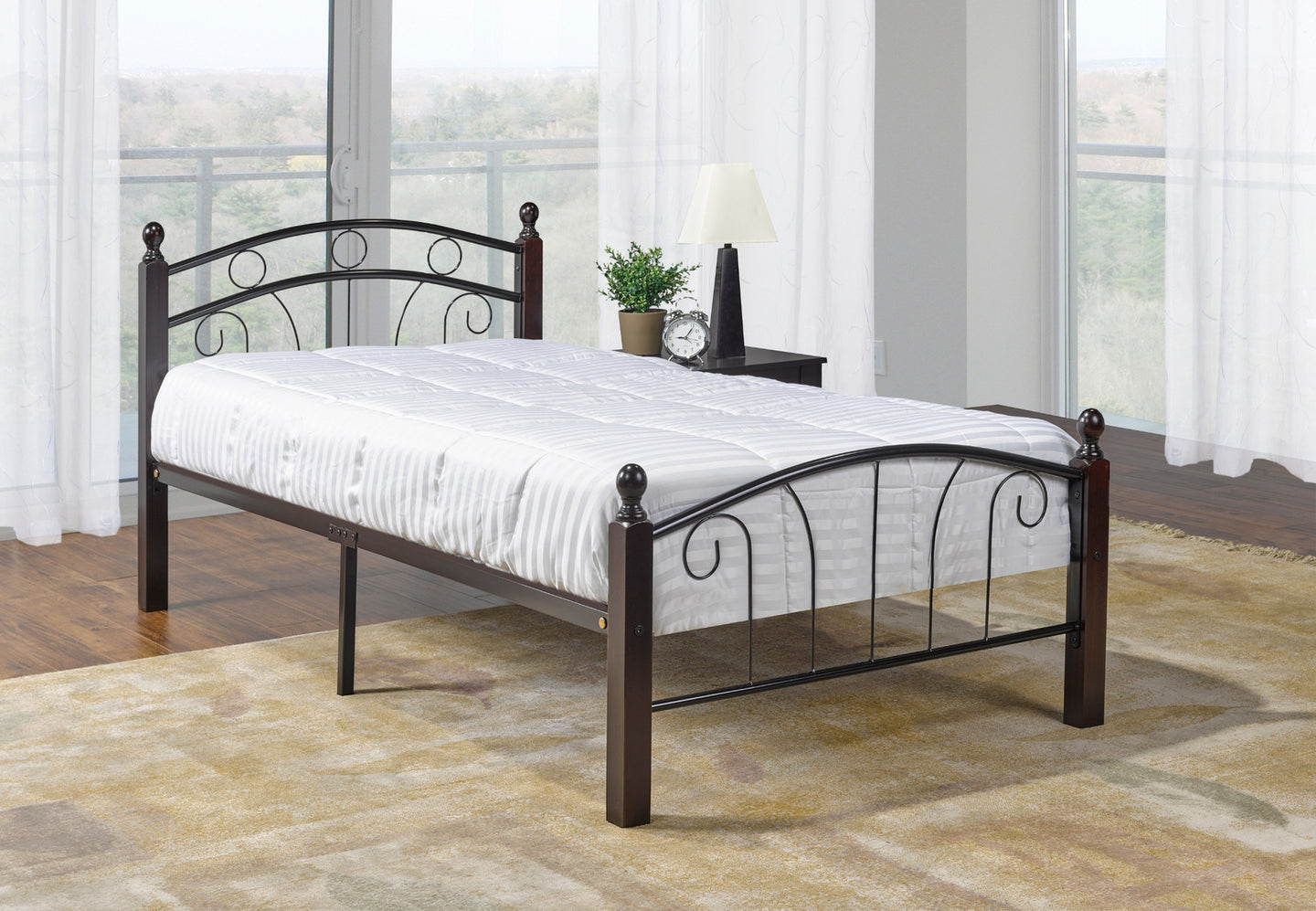 128 Metal Bed - Black Metal and Dark Cherry Posts - Furniture Depot