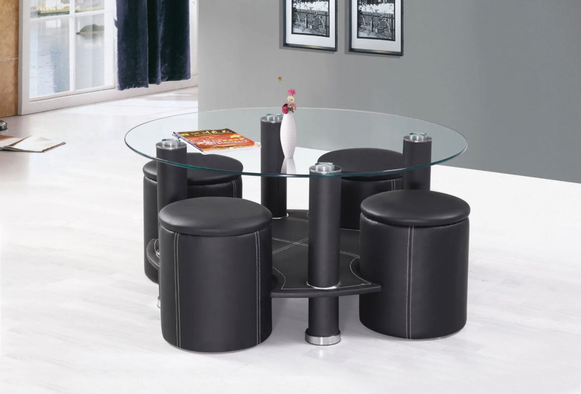 5pcs Glass Coffee Table w/ Black PU Stools 2057 - Furniture Depot