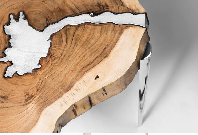 AKIS Side Table Natural Wood w/ Aluminum fill - Furniture Depot