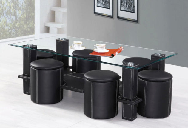 7pcs Glass Coffee Table w/ Black PU Stools 2056 - Furniture Depot