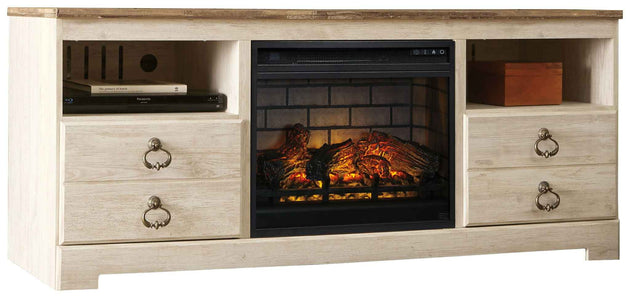 Willowton - 2 Pc. - 64" TV Stand With Faux Firebrick Fireplace Insert - Whitewash