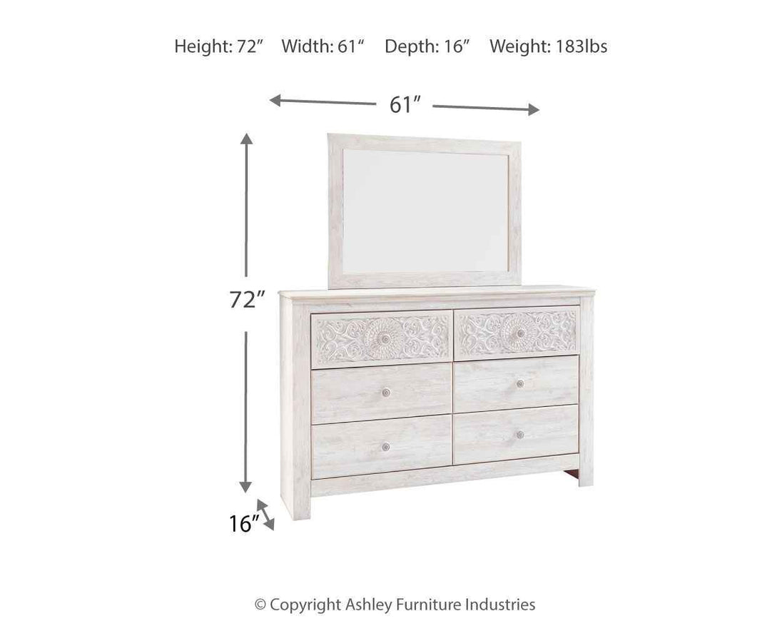 Paxberry - Dresser, Mirror - Medallion Drawer Pulls - Whitewash