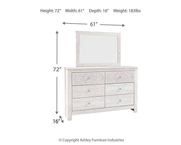 Paxberry - Dresser, Mirror - Medallion Drawer Pulls - Whitewash