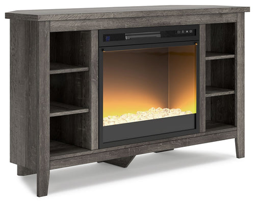 Arlenbry Gray Corner TV Stand With Fireplace Insert - Glass/Stone