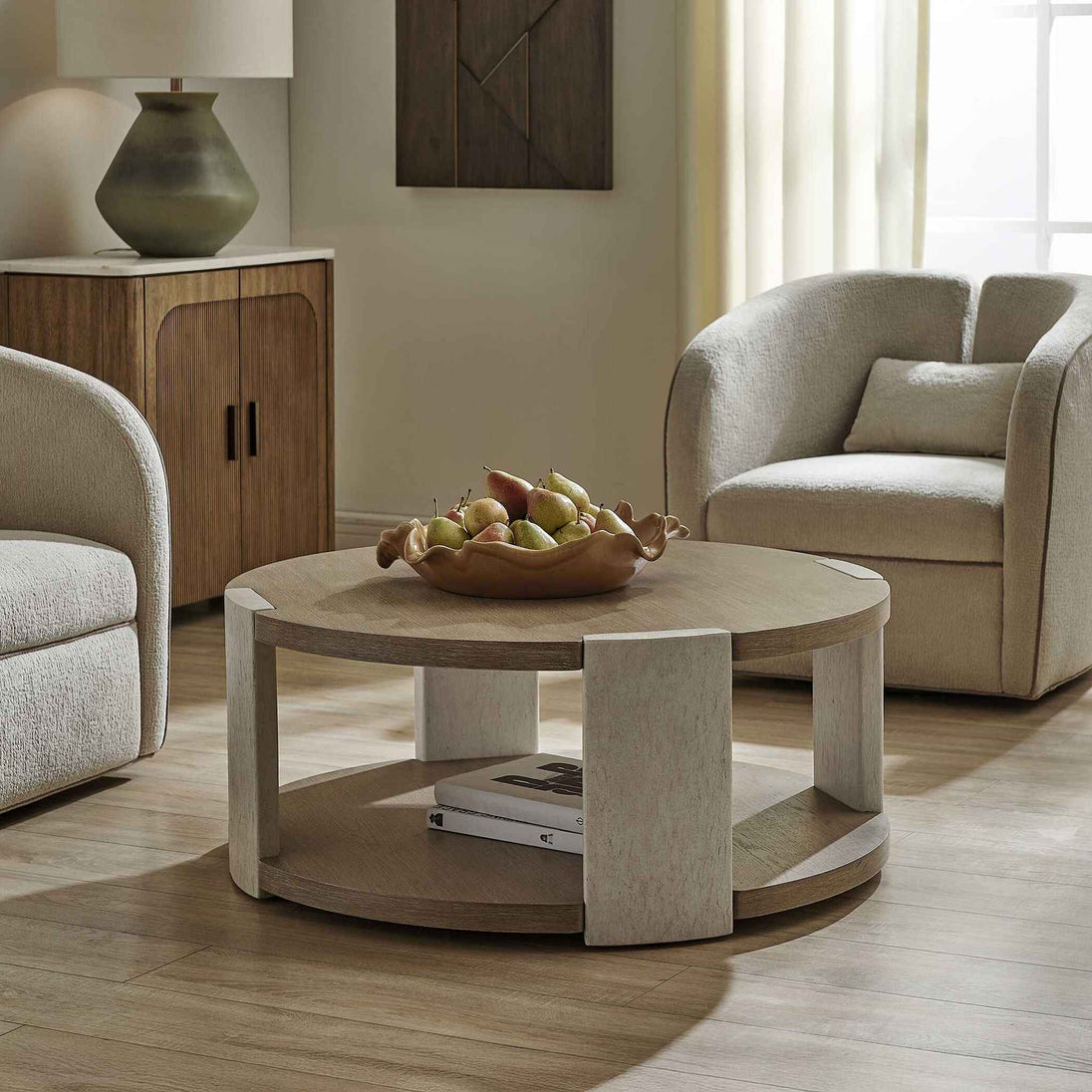 Maulet - Round Coffee Table - Off-White / Oak