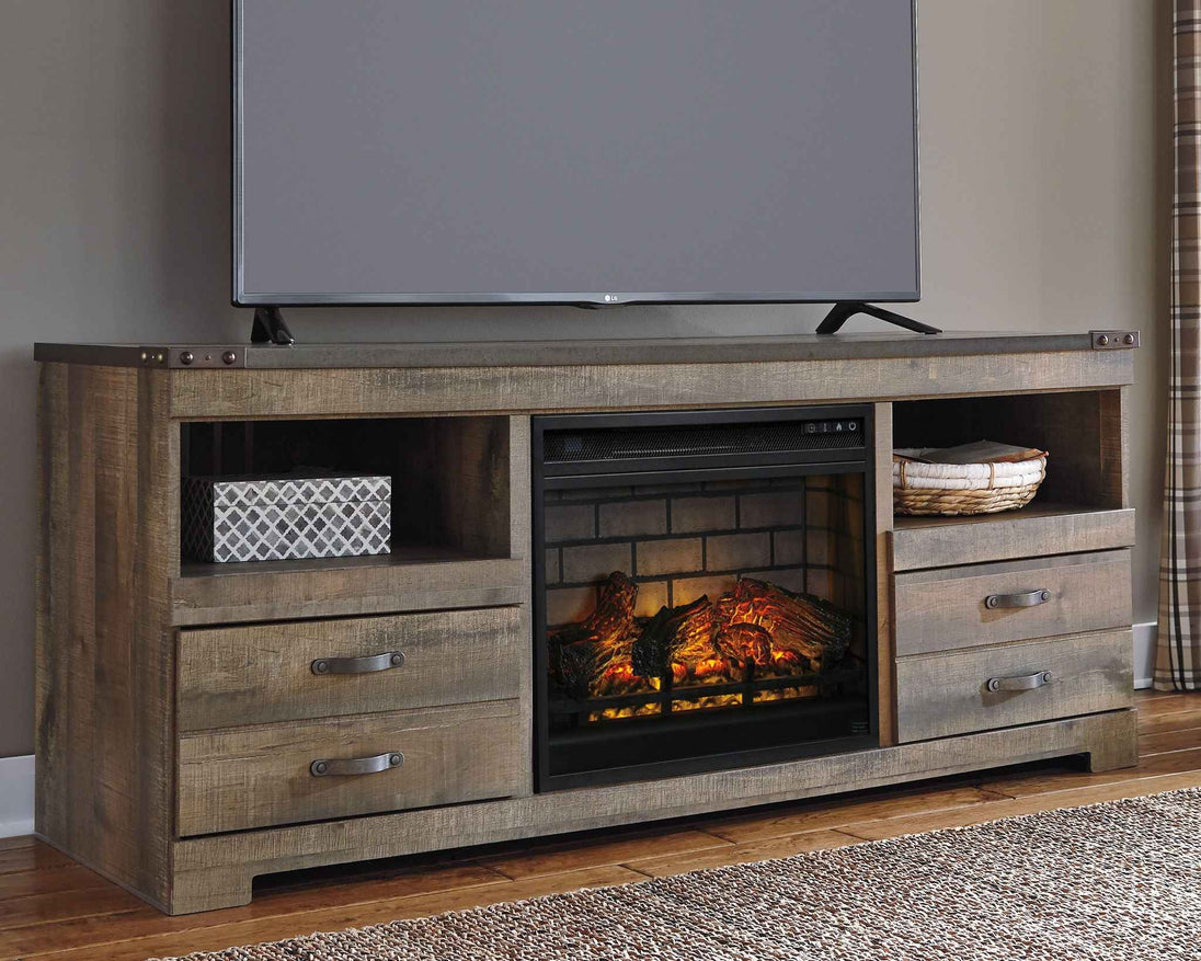 Trinell - 63" TV Stand With Glass/Stone Fireplace Insert - Brown