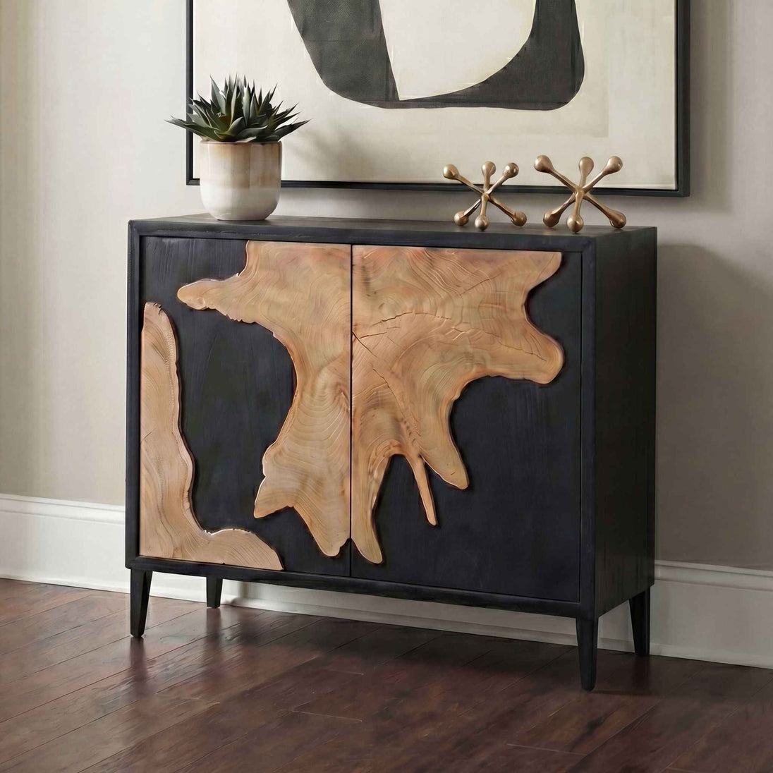 Andrei - Teak Root 2 Door Cabinet - Black / Woodtone