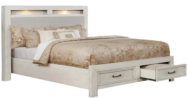 Darcy Antique White Oak/Light Grey Queen Storage Bed with Upholstered Headboard and LED Lights