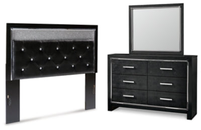 Kaydell Queen Upholstered Panel Headboard, Dresser and Mirror