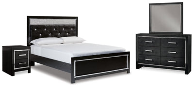Kaydell Queen Upholstered Panel Bed, Dresser, Mirror and Nightstand