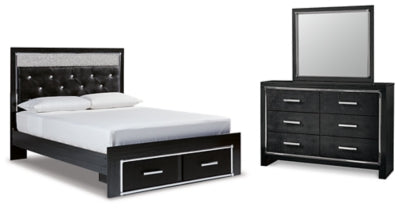Kaydell Queen Upholstered Panel Storage Platform Bed, Dresser and Mirror
