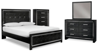 Kaydell Queen Upholstered Panel Bed, Dresser, Mirror and Chest