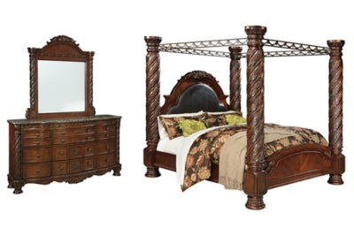 North Shore California King Poster Bed with Mirrored Dresser