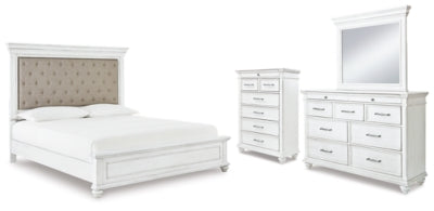 Kanwyn Cal King Upholstered Panel Bed, Dresser, Mirror and Chest