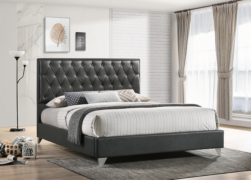 Serene Grey PU Bed With Diamond Pattern Button Details and Chrome Legs - Furniture Depot