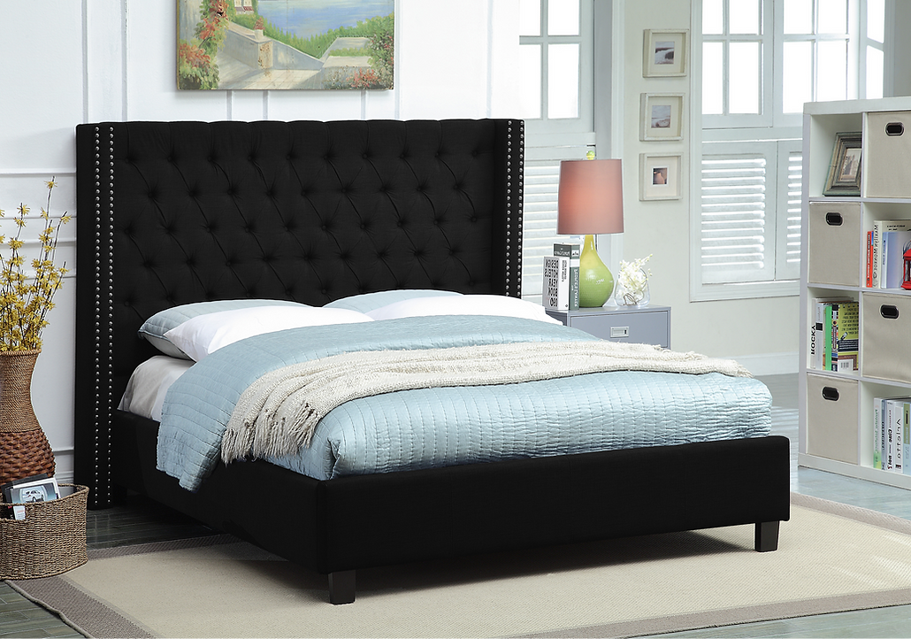 Talise Black Fabric Wing Bed with Deep Button Tufting and Nailhead Details - Furniture Depot