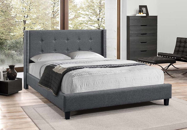 Zenora Dark Grey Fabric Platform Wing Bed with Chrome Nailhead Details - Furniture Depot