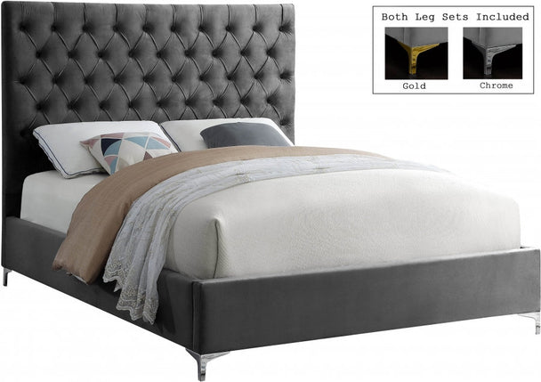 Monica Velvet Platform Bed w/ Chrome and Gold Feet Grey - Furniture Depot