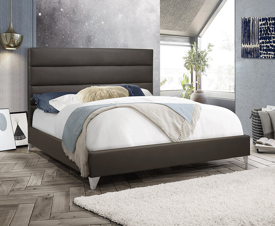 Liora Grey PU Bed with Horizontal Deep Tufted Panels and Chrome Legs - Furniture Depot