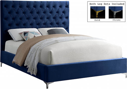 Monica Velvet Platform Bed w/ Chrome and Gold Feet Blue - Furniture Depot