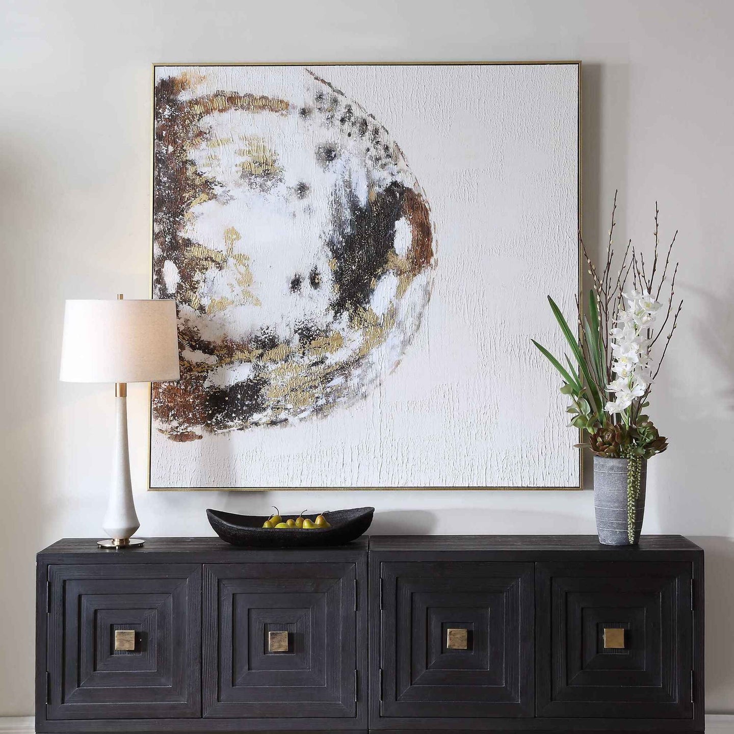Moon Landing - Hand Painted Abstract Art - Black / Brown / Gold / Gray / White