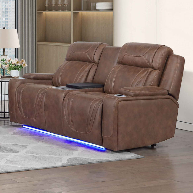 Carrow - Loveseat With Power Headrest, Footrest & Cooler, Massage, Stereo - Brown