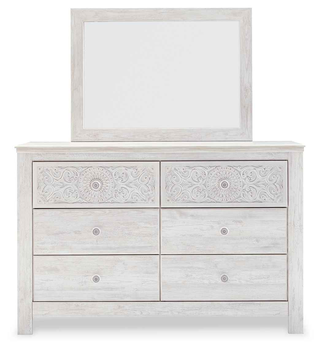 Paxberry - Dresser, Mirror - Medallion Drawer Pulls - Whitewash