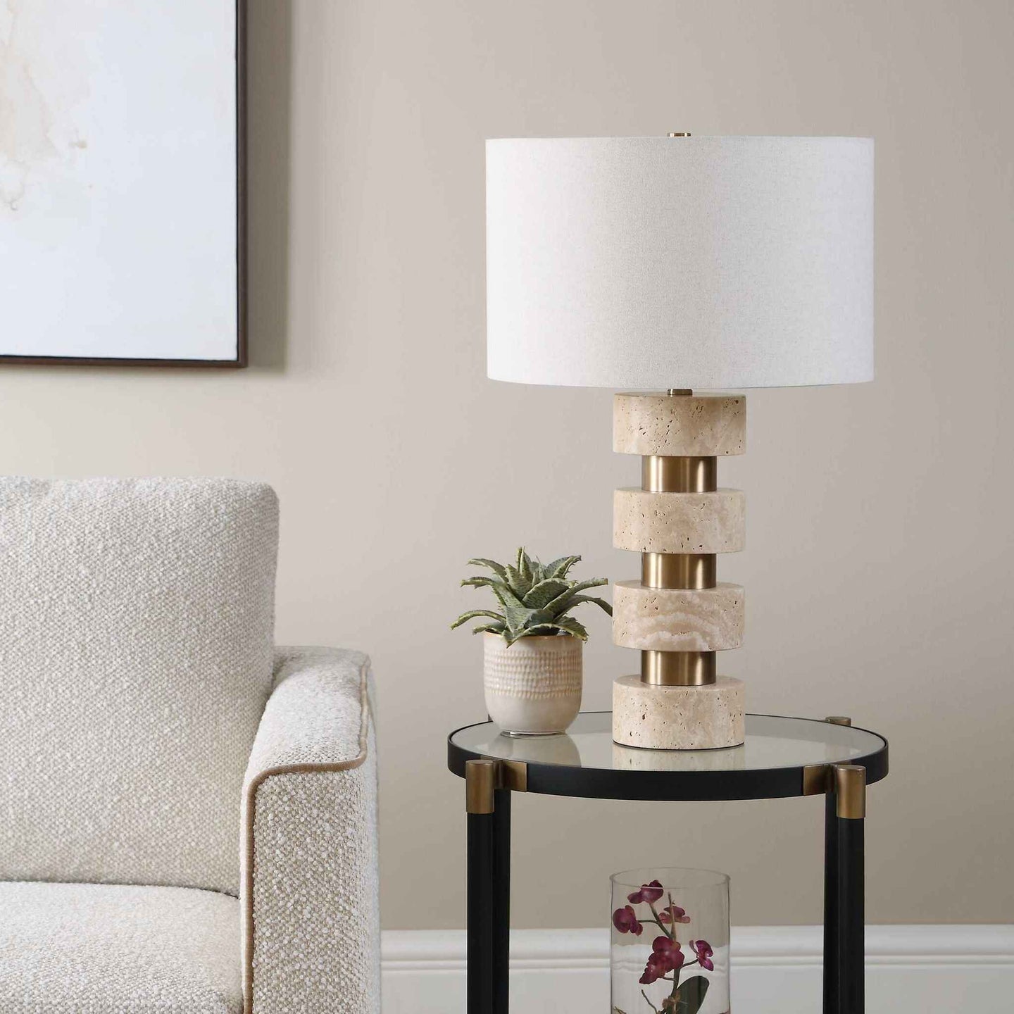 Makani - Travertine Table Lamp - Brass / Gold / White