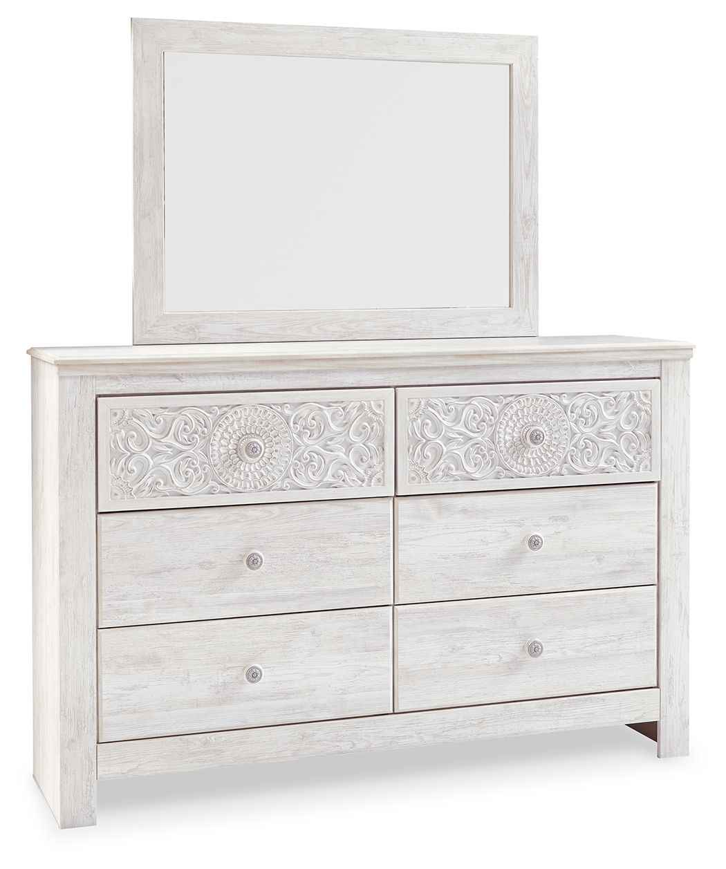 Paxberry - Dresser, Mirror - Medallion Drawer Pulls - Whitewash