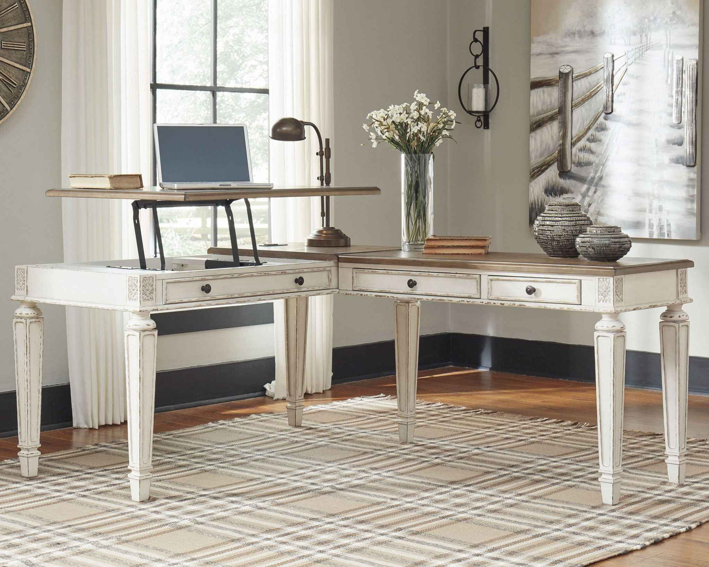 Realyn - L Shaped Desk With Lift Top - White / Brown