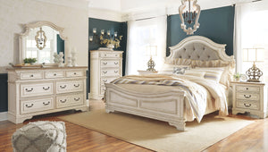 Realyn Two tone 5 Pc. Dresser, Mirror, Upholstered Panel Bed