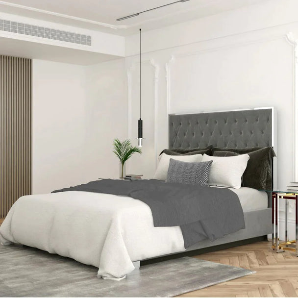 Lucille 60" Queen Bed in Grey with Silver Detail - Furniture Depot