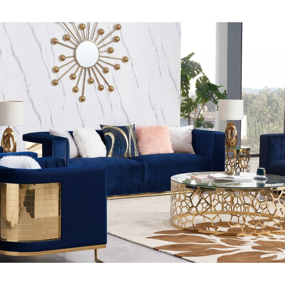 VIENNA 3 seater sofa Blue velvet polished gold - Furniture Depot