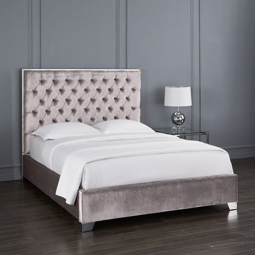 Kroma Grey Velvet King Bed - Furniture Depot