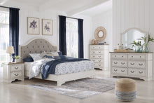 Load image into Gallery viewer, Brollyn White / Brown / Beige 5 Pc. Dresser, Mirror, Chest, Upholstered Panel Bed - King