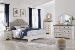 Brollyn White / Brown / Beige 4 Pc. Dresser, Mirror, Upholstered Panel Bed - King