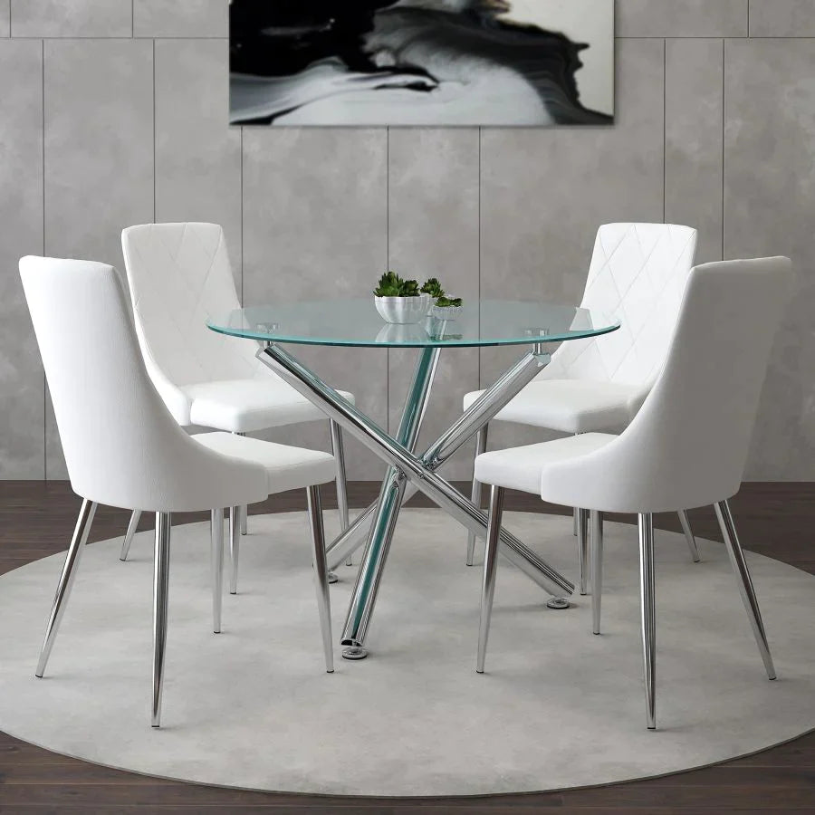 Solara/Devo 5pc Dining Set, Chrome/White - Furniture Depot
