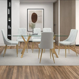 Stark/Antoine 7pc Dining Set in Aged Gold with Light Grey Chair - Furniture Depot