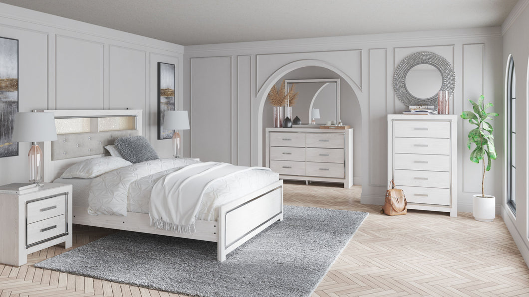 Altyra White 5 Pc. Dresser, Mirror, Panel Bookcase Bed - Queen