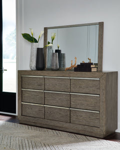 Anibecca Weathered Gray 4 Pc. Dresser, Mirror, Upholstered Bed