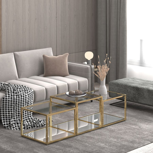 Casini 3pc Multi-Tier Coffee Table Set in Gold - Furniture Depot