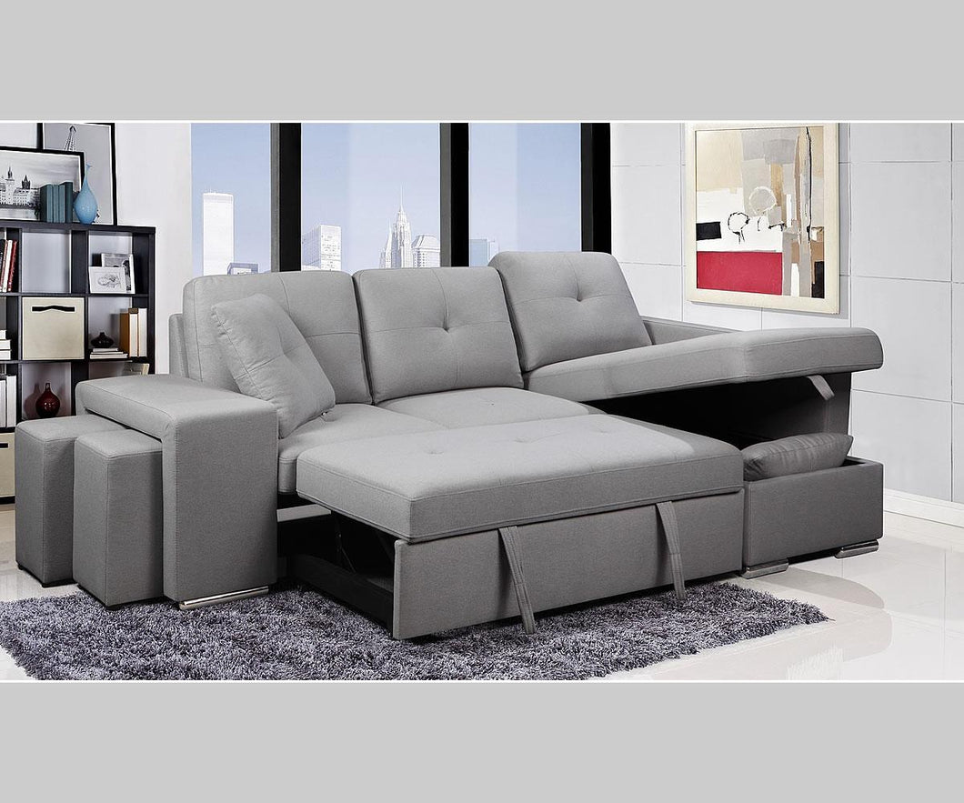 GEORGE FABRIC LOVESEAT W/PULL OUT BED, 2 OTTOMAN & WITH FABRIC CHAISE STORAGE IN GREY - Furniture Depot