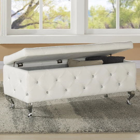 Monique Rectangular Storage Ottoman in White - Furniture Depot