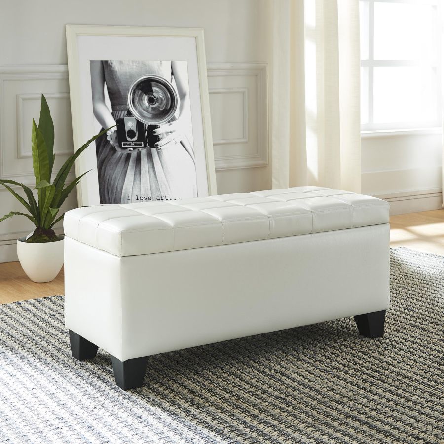 Winston Rectangular Storage Ottoman in White - Furniture Depot