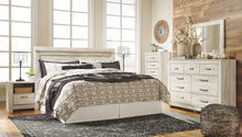 Load image into Gallery viewer, Bellaby Whitewash 5 Pc. Dresser, Mirror, Panel Headboard, 2 Nightstands - King