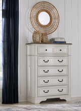 Load image into Gallery viewer, Brollyn White / Brown / Beige 5 Pc. Dresser, Mirror, Chest, Upholstered Panel Bed - King