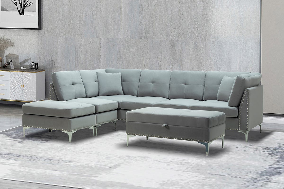 Cynthia Micro Suede Sectional Including Matching Pillows, Ottoman And Storage Bench In Grey - Furniture Depot