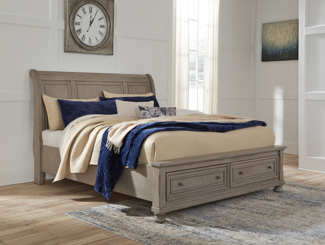 Lettner Light Gray Sleigh Bed With 2 Storage Drawers