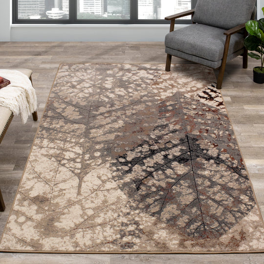 Abbey Cream Taupe Leaf Rug - Furniture Depot