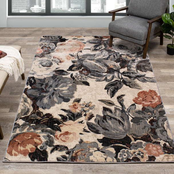 Abbey Grey Cream Orange Floral Rug - Furniture Depot